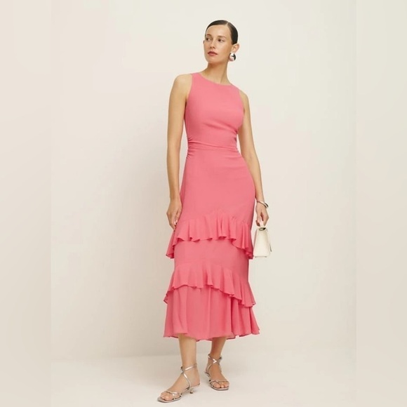 Reformation Magnus Ruffled Midi Dress In Snapdragon Pink - Picture 1 of 13